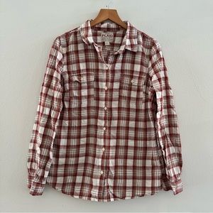 Y2K Old Navy Red, Beige, White Plaid Long Sleeve Button Up Flannel Shirt, Medium
